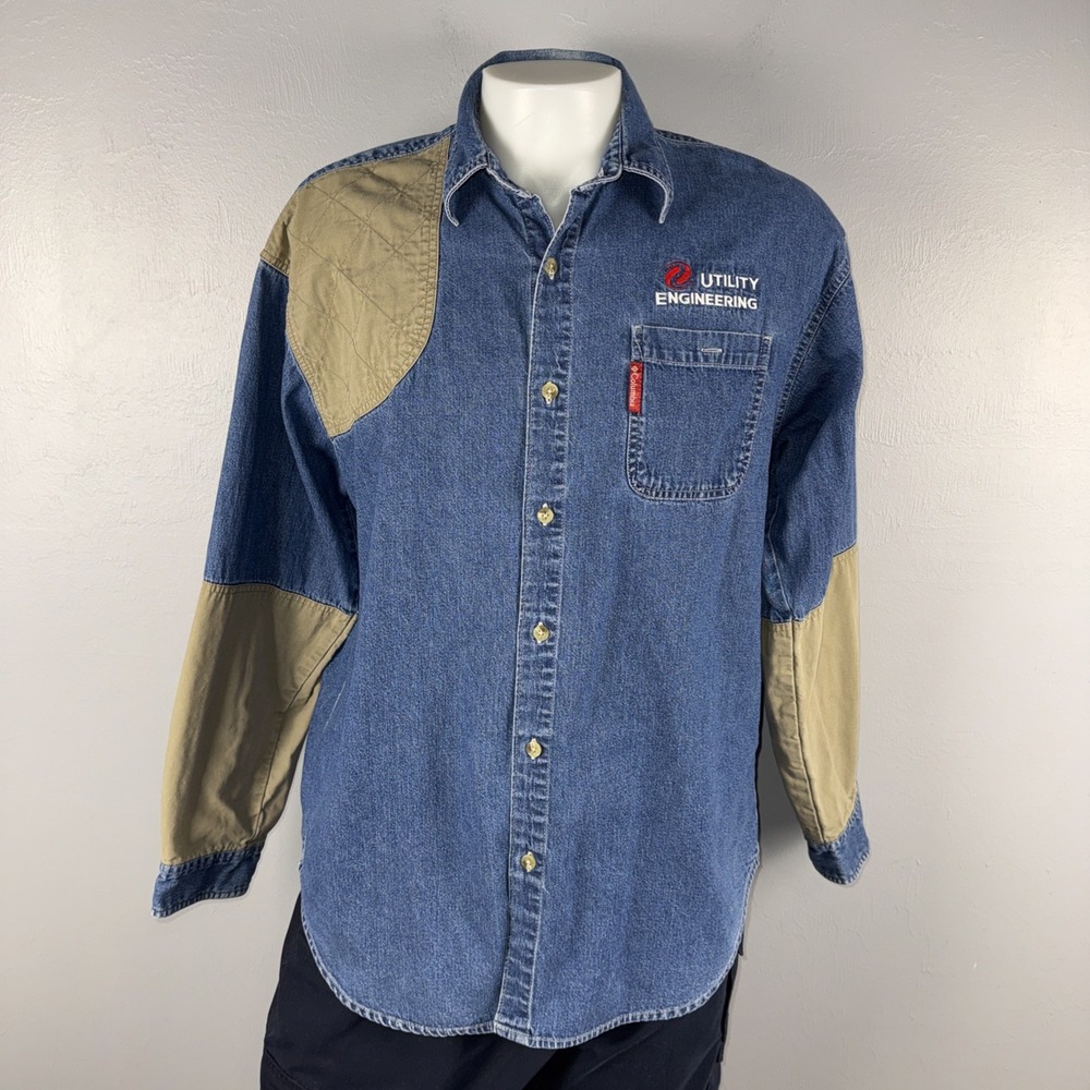 Columbia Denim Shirt Mens XL Blue Shooting Hunting Outdoor Patch Button Up *READ